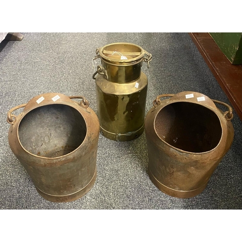 82 - Vintage brass milk churn, together with a pair of metal coal buckets with swing handles. (3)
(B.P. 2... 