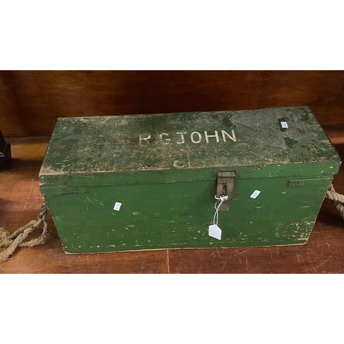 83 - Early 20th Century wooden painted pine ammunition box with rope twist handles. The top marked 'R.G J... 