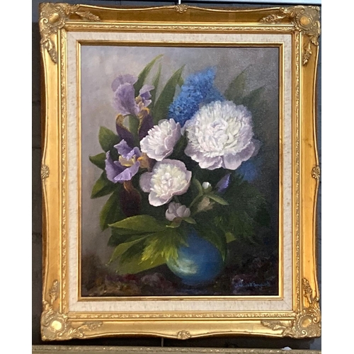 89 - Caroline Mansfield (British 20th century), 'Peonies and Iris', signed and dated verso 1980.  Oils on... 