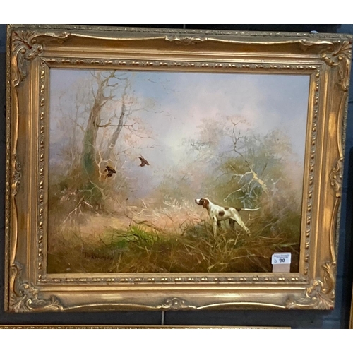 90 - Eugene Kingman, (1909-1975), pointer flushing game birds in woodland, signed.  Oils on canvas.  40x5... 