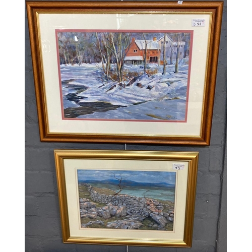 93 - Graham Cole (20th century), Winter scene and drystone wall in an upland landscape, two, signed.  Wat... 