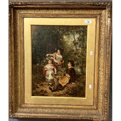 98 - 19th century British School, family in a woodland setting.  Oils on canvas.  48x36cm approx.  Framed... 