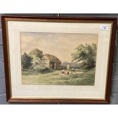 99 - Urquart (British 20th century), children playing near a barn.  Watercolours.  26x37cm approx.  Frame... 