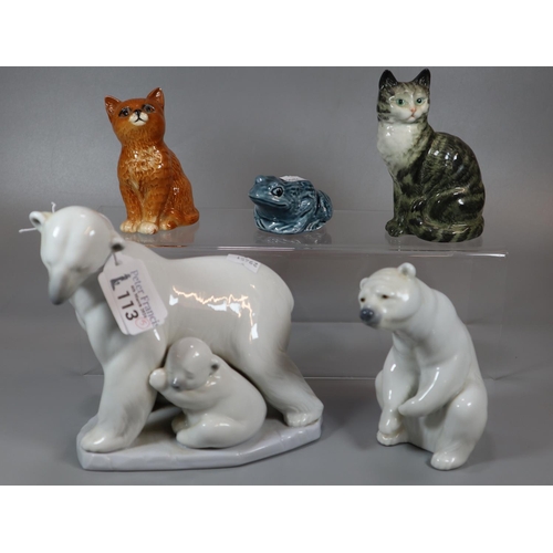 113 - Collection of ceramic and porcelain animals to include Lladro Polar Bears, Beswick cats and a Poole ... 