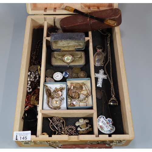 145 - Beech wooden box comprising assorted items including: silver coins, silver Victorian brooch, lockets... 