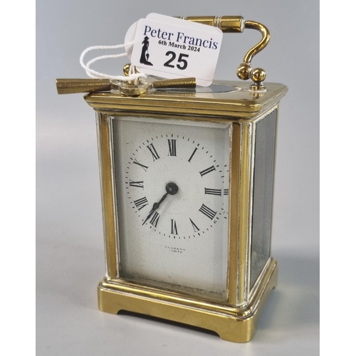 25 - Brass carriage clock, indistinctly marked to the front 'Paris', with key.  (B.P. 21% + VAT)