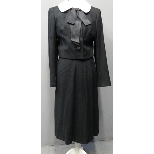 427 - Vintage 1960's linen Christian Dior 'Diorling' Harrods black skirt suit; jacket with white collar an...