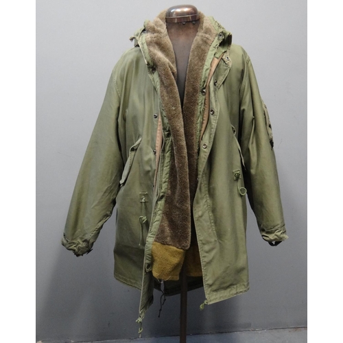 Vintage American military US Army parka with hood labelled pattern date 1948 O.D M 48. B.P. 21