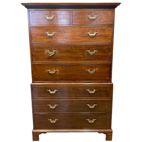 1 - George III mahogany tallboy chest on chest having moulded dentil cornice over two short and three lo... 