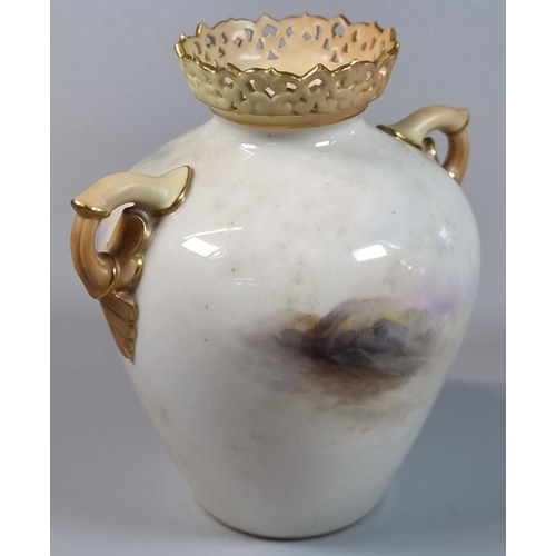 100 - Royal Worcester porcelain two handled vase, the pierced rim above blush ivory handles, decorated and... 