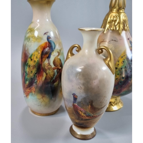 103 - Royal Worcester porcelain vase hand painted with Peacocks in a landscape.  Shape No. H3047.  20.5cm ... 