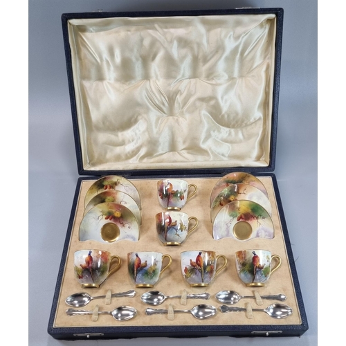 105 - Royal Worcester set of six demi-tasse cups and saucers hand painted with pheasants. Signed R Austin ... 