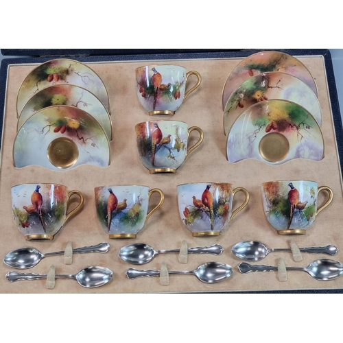 105 - Royal Worcester set of six demi-tasse cups and saucers hand painted with pheasants. Signed R Austin ... 