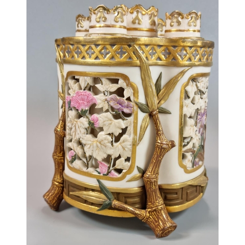 106 - Late 19th century Royal Worcester porcelain blush ivory and gilded five section spill vase/bough pot... 