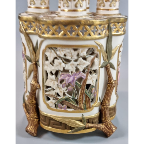 106 - Late 19th century Royal Worcester porcelain blush ivory and gilded five section spill vase/bough pot... 