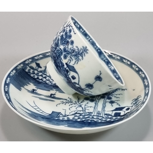 109 - 18th century first period Worcester blue and white tea bowl and saucer in the 'Rock Strata Island' p... 