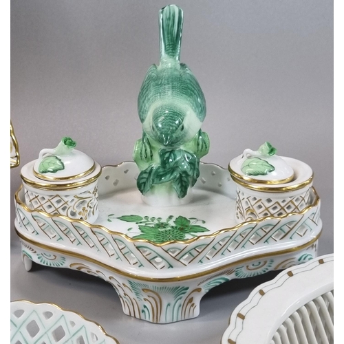 113 - Collection of Herend Hungary 'Chinese Bouquet' green design items to include: desk inkwell with bird... 