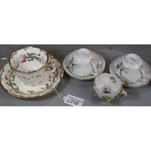 115 - Collection of Meissen and other continental porcelain cups and saucers of floral designs including: ... 