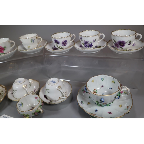 115 - Collection of Meissen and other continental porcelain cups and saucers of floral designs including: ... 