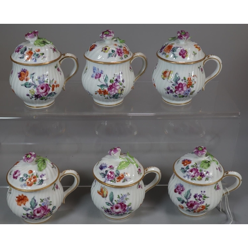 116 - Set of six Austrian porcelain hand painted cream cups and covers with floral sprays and encrusted fl... 