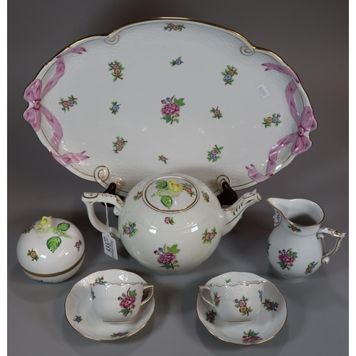 117 - Herend Hungary porcelain cabaret set, overall decorated with floral sprays and encrusted rosebuds as... 