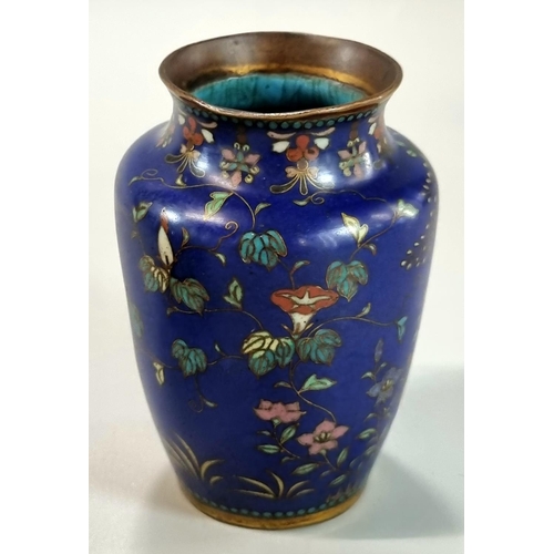 138 - Good quality Japanese cloisonne jar and cover of compressed baluster form, overall with multi-colour... 