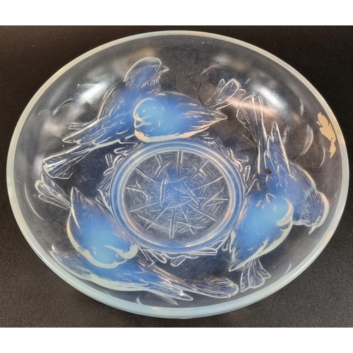 145 - Art Deco opalescent glass bowl, moulded with nesting birds.  Signed 'Ezan France'.  25cm diameter x ... 