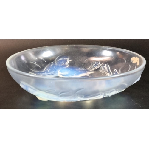 145 - Art Deco opalescent glass bowl, moulded with nesting birds.  Signed 'Ezan France'.  25cm diameter x ... 