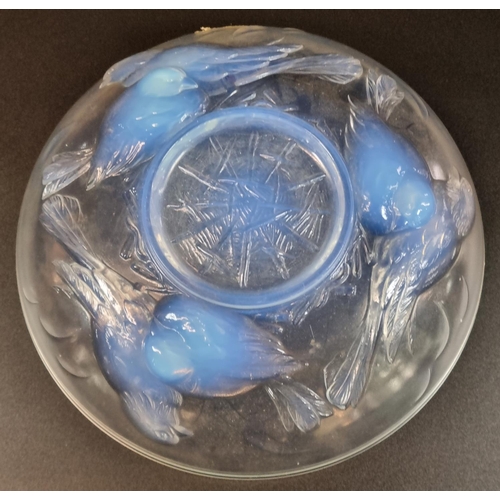 145 - Art Deco opalescent glass bowl, moulded with nesting birds.  Signed 'Ezan France'.  25cm diameter x ... 