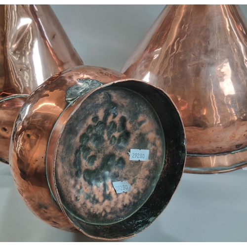 147 - Graduated set of three 19th century copper conical measures, half gallon and larger.  (3)  (B.P. 21%... 