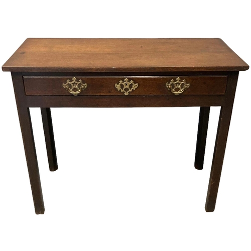 16 - 18th Century Welsh oak side table, having two plank top over single frieze drawer on chamfered squar... 