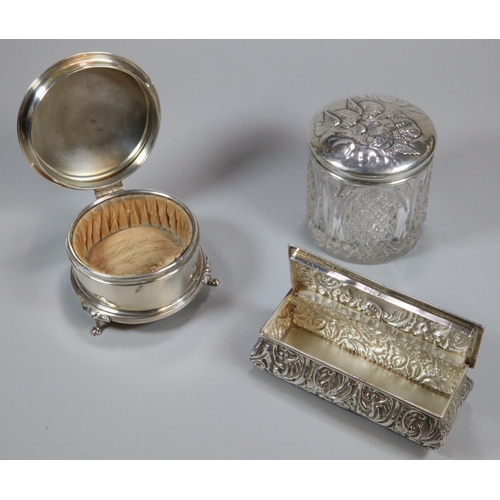 160 - Collection of silver vanity items to include: two similar silver and tortoiseshell dressing table ri... 