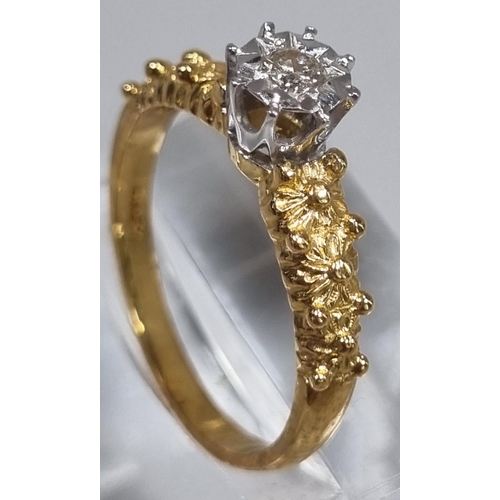 166 - 18ct gold diamond solitaire illusion set ring with moulded floral designs to each shoulder. 3g appro... 