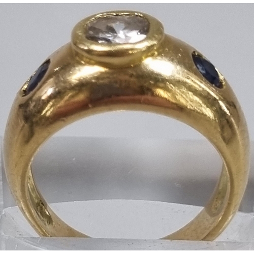 171 - Yellow metal probably 18ct gold three stone diamond and sapphire ring. 9.5g approx. Ring size K 1/2.... 