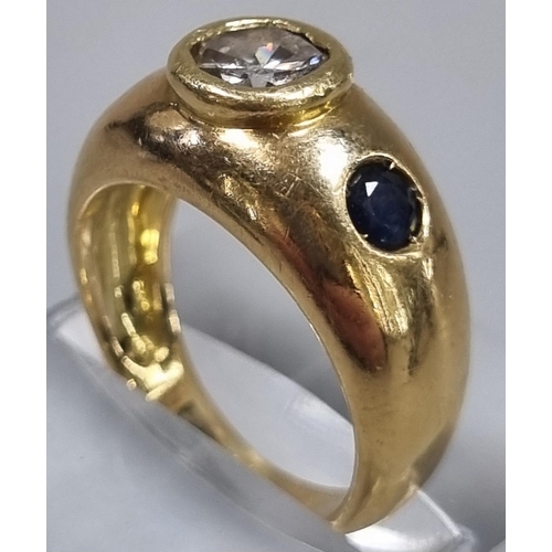 171 - Yellow metal probably 18ct gold three stone diamond and sapphire ring. 9.5g approx. Ring size K 1/2.... 