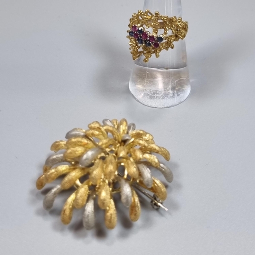 175 - 18ct gold contemporary floral spray design brooch, together with an 18ct gold contemporary ruby and ... 