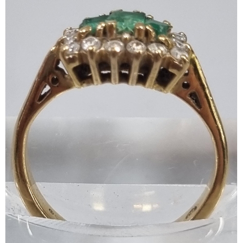 177 - Gold, diamond and emerald multi-cluster ring. Indistinct marks; initials J.G. 3.7g approx. Ring size... 