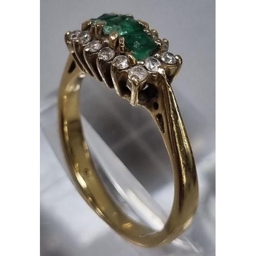 177 - Gold, diamond and emerald multi-cluster ring. Indistinct marks; initials J.G. 3.7g approx. Ring size... 