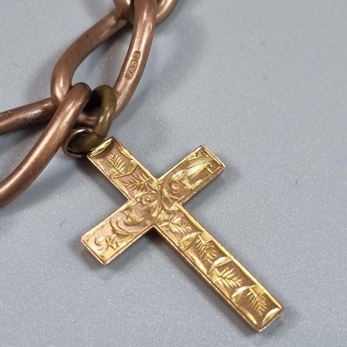 198 - 9ct rose gold Albert watch chain with T bar, crucifix charm or pendant and a 9ct gold medal fob. 55.... 