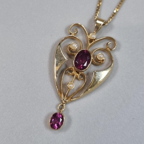 205 - Art Nouveau design seed pearl and pink stone pendant on 9ct gold fine link chain. Chain 45cm approx.... 