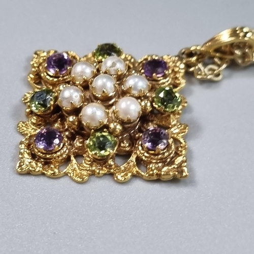 209 - Edwardian style 9ct gold suffragette design pendant of square form inset with pearls, amethyst and p... 