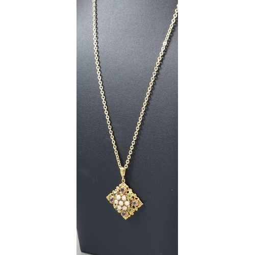 209 - Edwardian style 9ct gold suffragette design pendant of square form inset with pearls, amethyst and p... 