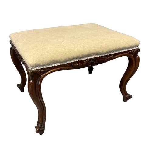 21 - Victorian mahogany upholstered stool with moulded foliate frieze on cabriole legs. 64 x 50 x 49cm (W... 