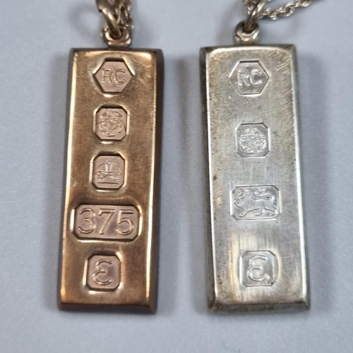 212 - 9ct gold ingot pendant on 9ct fine link chain. The ingot marked RC for Sheffield. Weight 33.7g appro... 