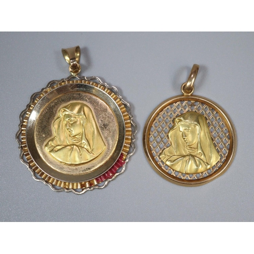 220 - Two similar 18ct gold Italian Virgin Mary pendants, the largest 3.2cm diameter approx, both weighing... 