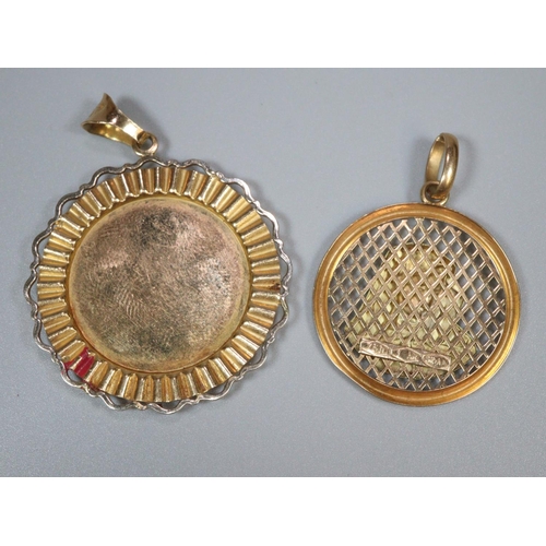 220 - Two similar 18ct gold Italian Virgin Mary pendants, the largest 3.2cm diameter approx, both weighing... 