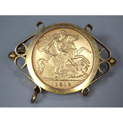 221 - George V gold half sovereign inset in 9ct gold brooch mount. Dated 1912. 6.9g approx.
(B.P. 21% + VA... 