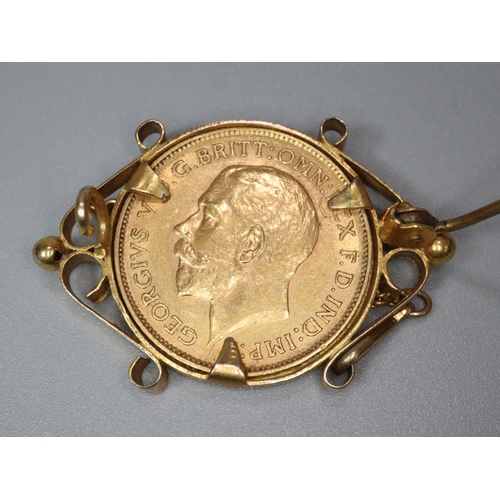 221 - George V gold half sovereign inset in 9ct gold brooch mount. Dated 1912. 6.9g approx.
(B.P. 21% + VA... 