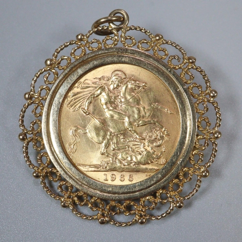 223 - Queen Elizabeth II gold full sovereign in ornate 9ct gold pendant and brooch mount. 12.3g approx.
(B... 