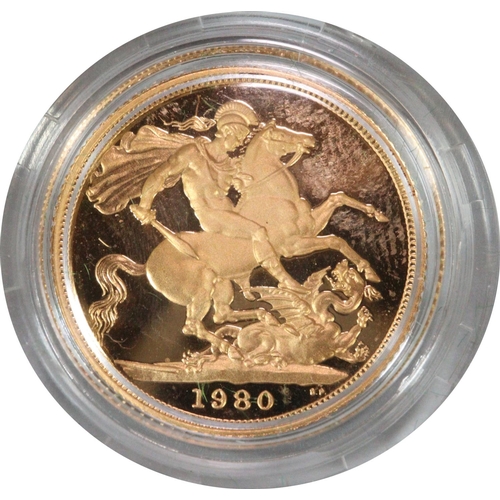 234 - Royal Mint Elizabeth II full gold proof sovereign dated 1980 in fitted case. 
(B.P. 21% + VAT)